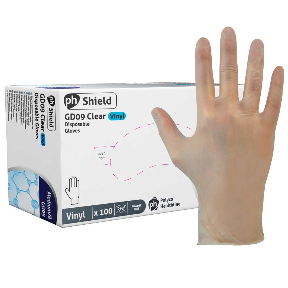 Polyco Clear Powder Free Disposable Vinyl Gloves and Box